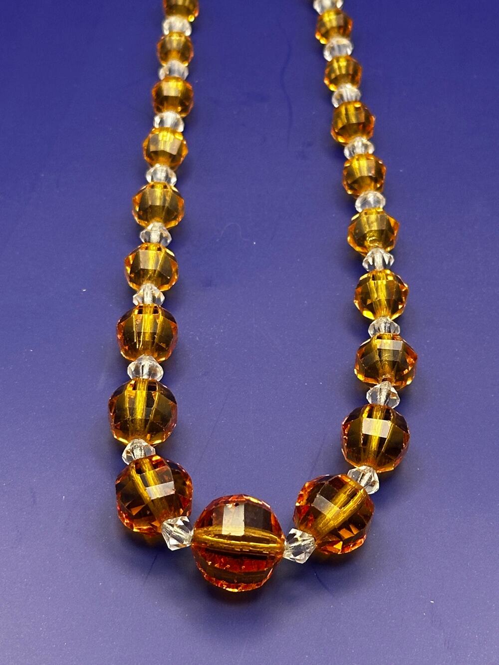 Vintage Art Deco Amber Topaz Faceted Glass Crystal Graduated Bead Necklace Brass